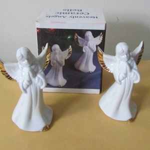 Vintage Porcelain Praying Angel Bells White Gold 4” Tall Lot Of 2 with box
